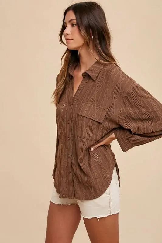 Openwork Drop Shoulder Button-Up Shirt by Annie Wear - Love Salve